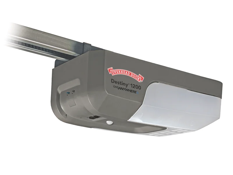 Destiny® 1200 garage door opener by Overhead Door™, featuring a sleek design and integrated LED lighting, showcasing advanced technology for residential use.