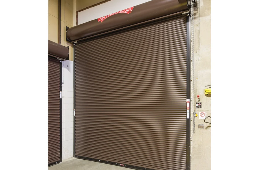 Fire-rated rolling service door in brown, featuring a metal slat design, installed in a commercial setting, showcasing safety and security features relevant to the FireKing® Model 630.