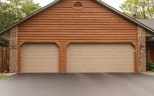 Insulated steel garage doors from the Thermacore® Collection featuring a wood grain finish, showcasing durability and thermal efficiency for residential properties.
