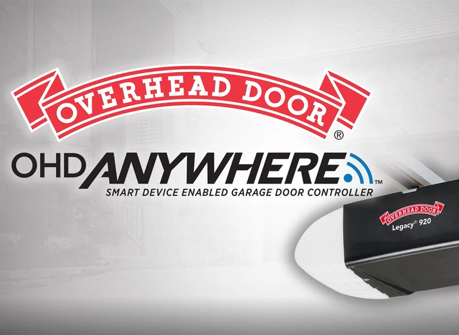 Overhead Door logo and OHD Anywhere® branding with text "Smart Device Enabled Garage Door Controller," showcasing smart home integration for garage door control.