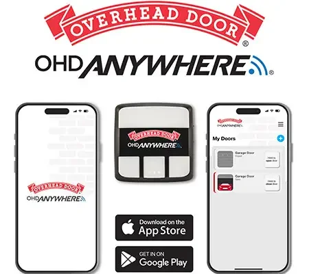 Overhead Door OHD Anywhere® mobile app interface and remote control, showcasing smart garage door management features for real-time access and alerts.