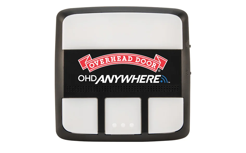 OHD Anywhere® remote garage door control unit featuring Overhead Door logo, designed for smart home integration and remote access.