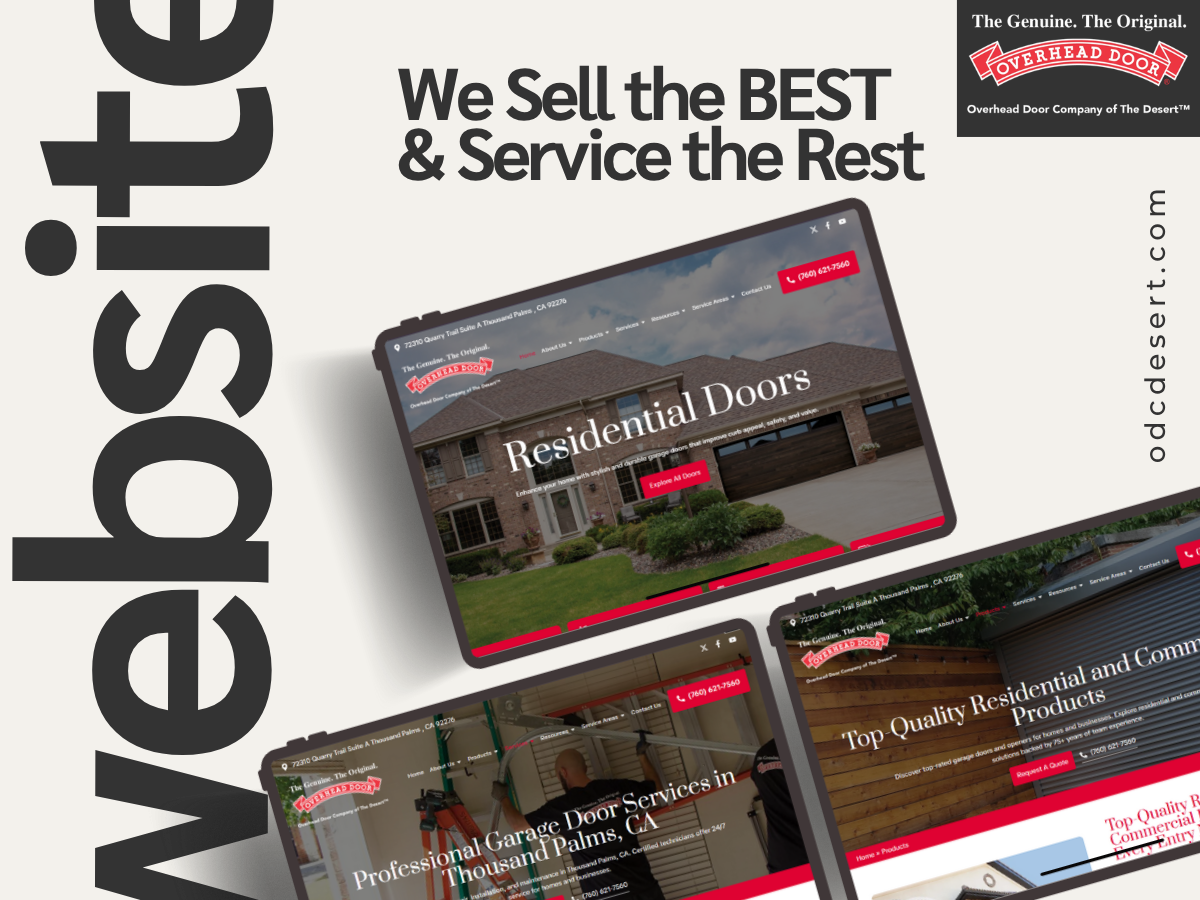 Overhead Door Company of The Desert™ website showcasing residential doors, professional garage door services, and commercial products on multiple screens with a modern design.