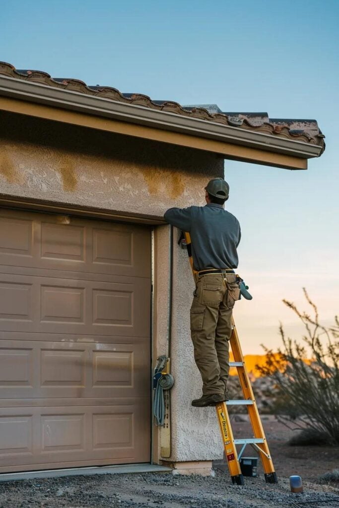 Man on ladder performing maintenance on garage door in desert setting, highlighting importance of upkeep in harsh conditions for homeowners in Coachella Valley.