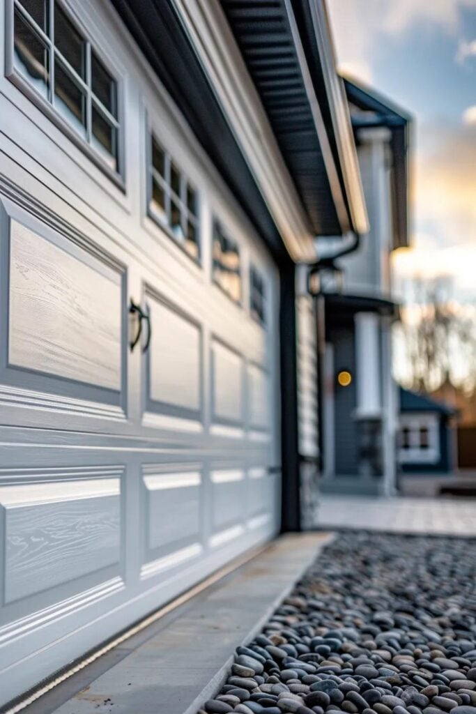 Close-up of a steel garage door with UV-resistant finish in a residential setting