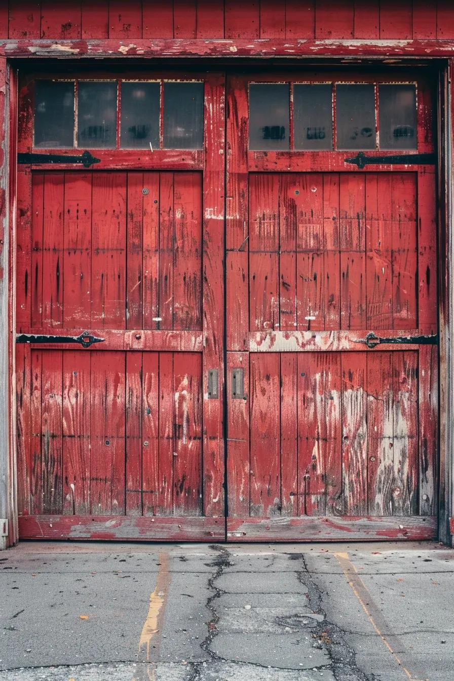 Weathered red garage door with glass panels, showcasing signs of wear and tear, relevant to garage door maintenance tips for Coachella Valley homeowners.