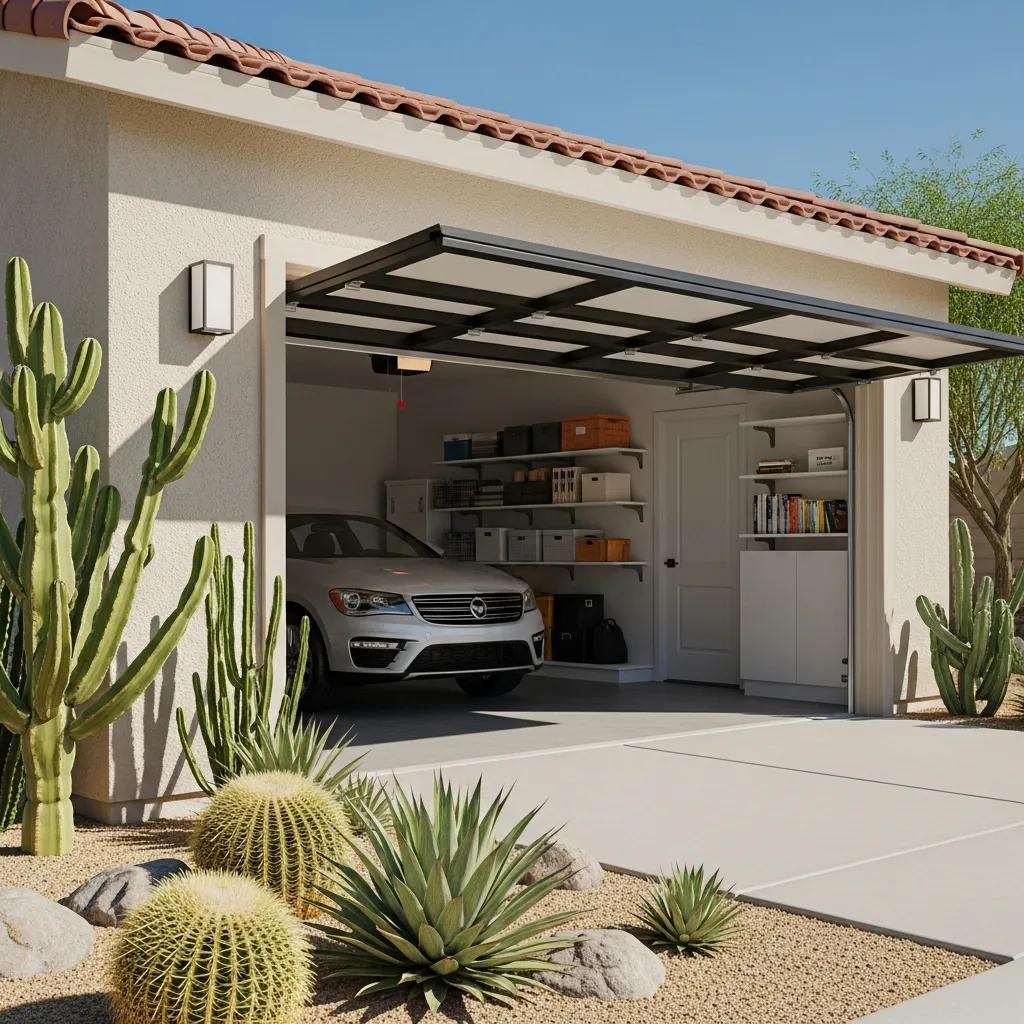 Modern garage door in a sunny desert setting, featuring a sleek design, surrounded by cacti and desert landscaping, showcasing durability and aesthetic appeal for Coachella Valley homes.