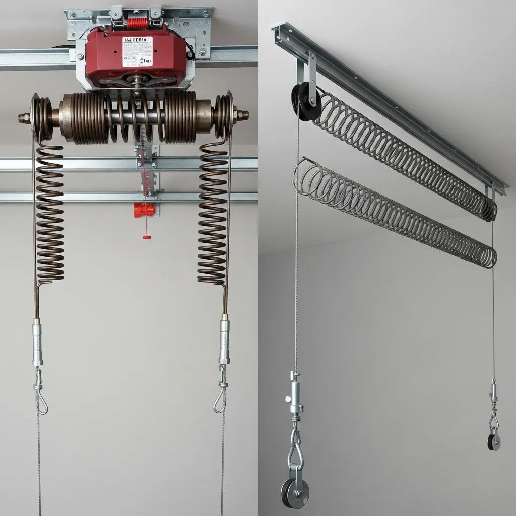Torsion and extension garage door springs compared to show installation and failure differences