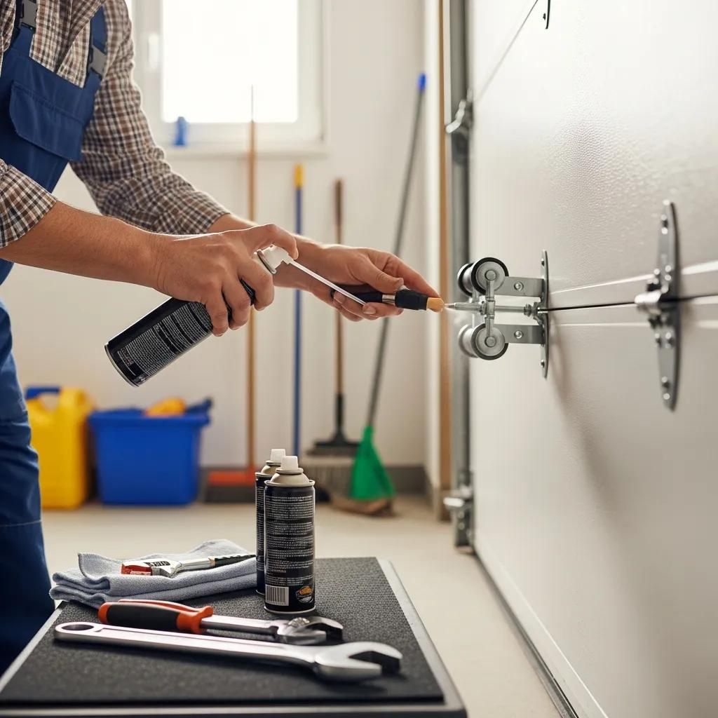 Homeowner performing routine maintenance on a garage door with lubricant