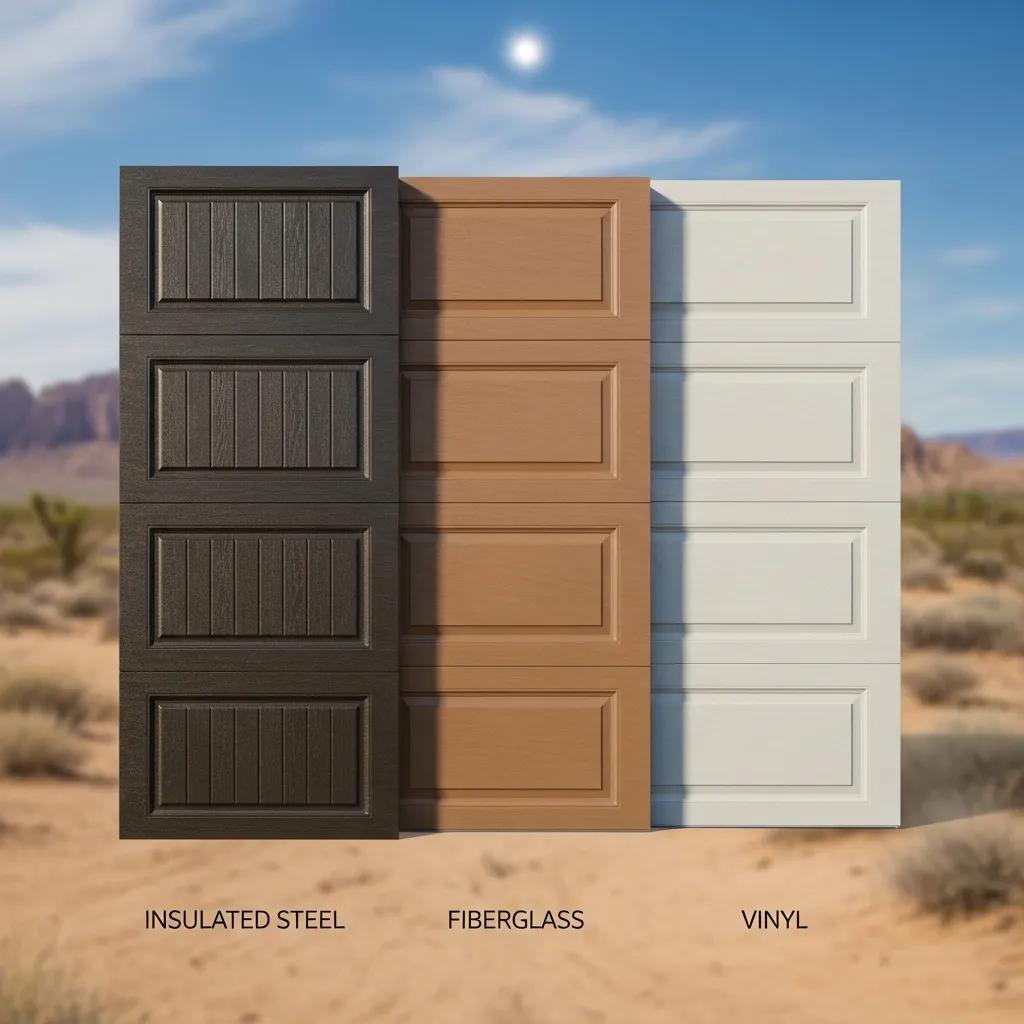 Various garage door materials suitable for desert climates including steel and fiberglass
