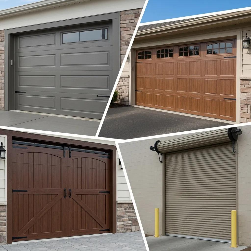 Collage showing several residential and commercial garage door styles
