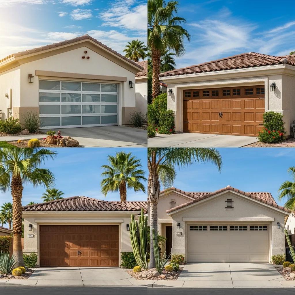 Stylish garage doors in Coachella Valley showcasing modern aluminum, carriage house, and insulated steel designs