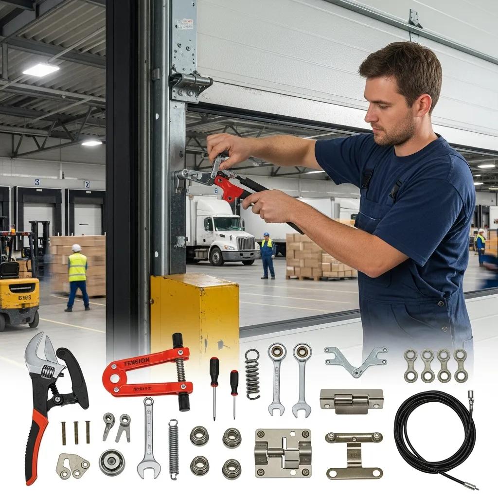 Technician repairing a commercial garage door at a busy loading dock