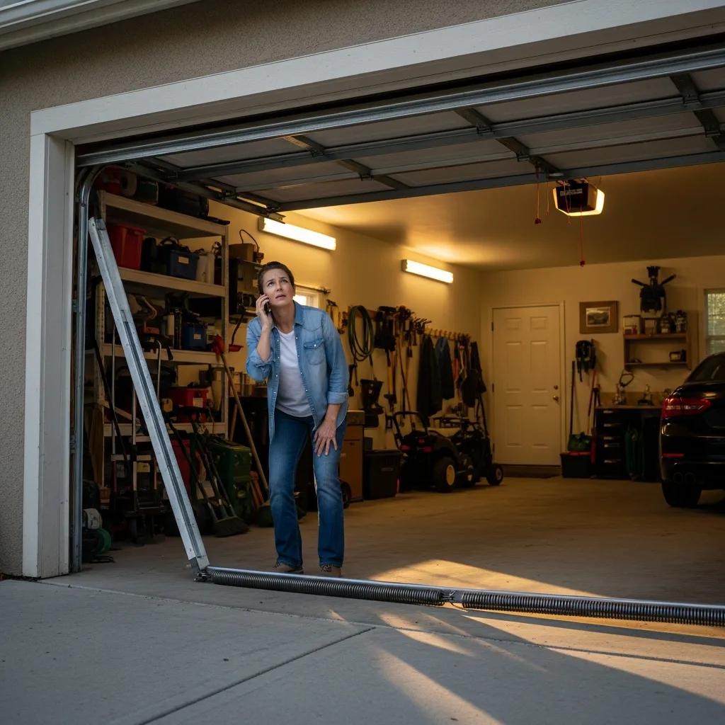 Homeowner facing a stuck garage door, indicating an emergency repair situation