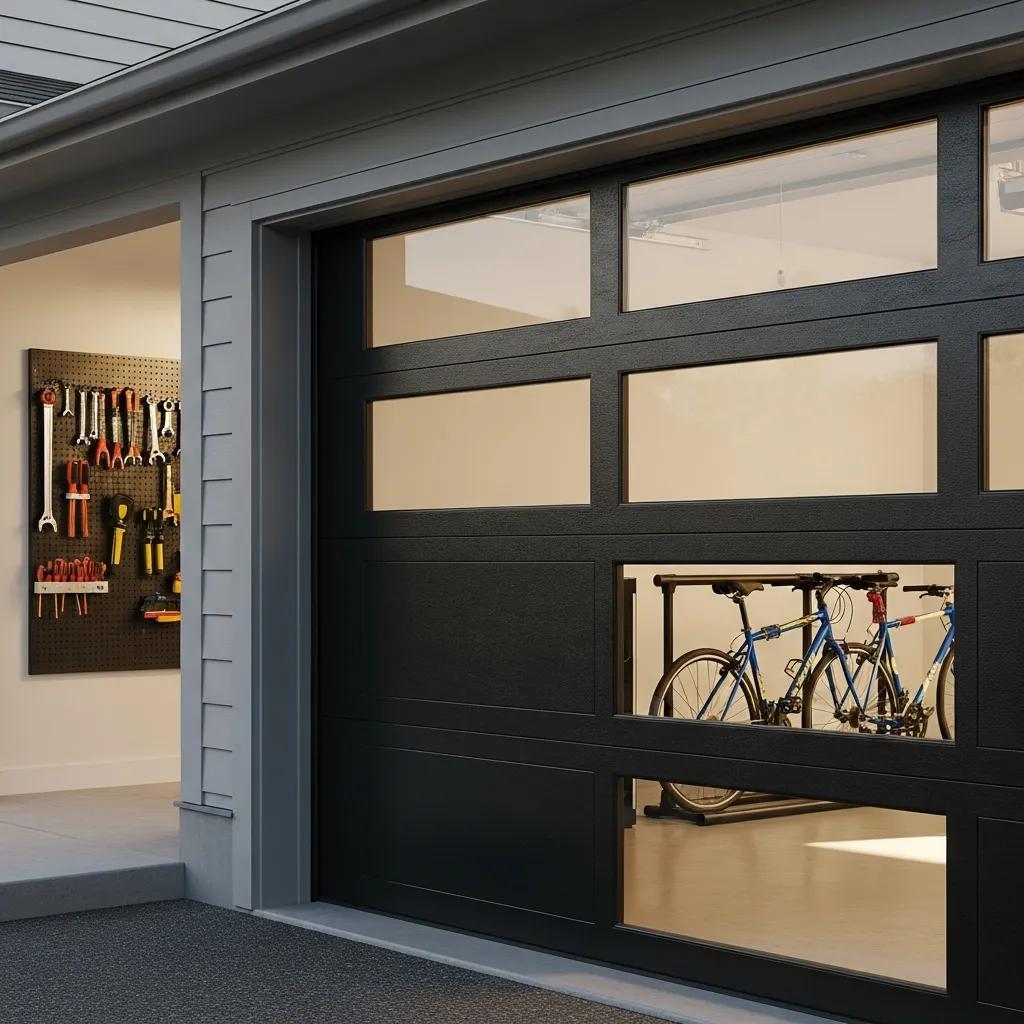 Energy-efficient garage door in a residential setting, showcasing insulation and modern design