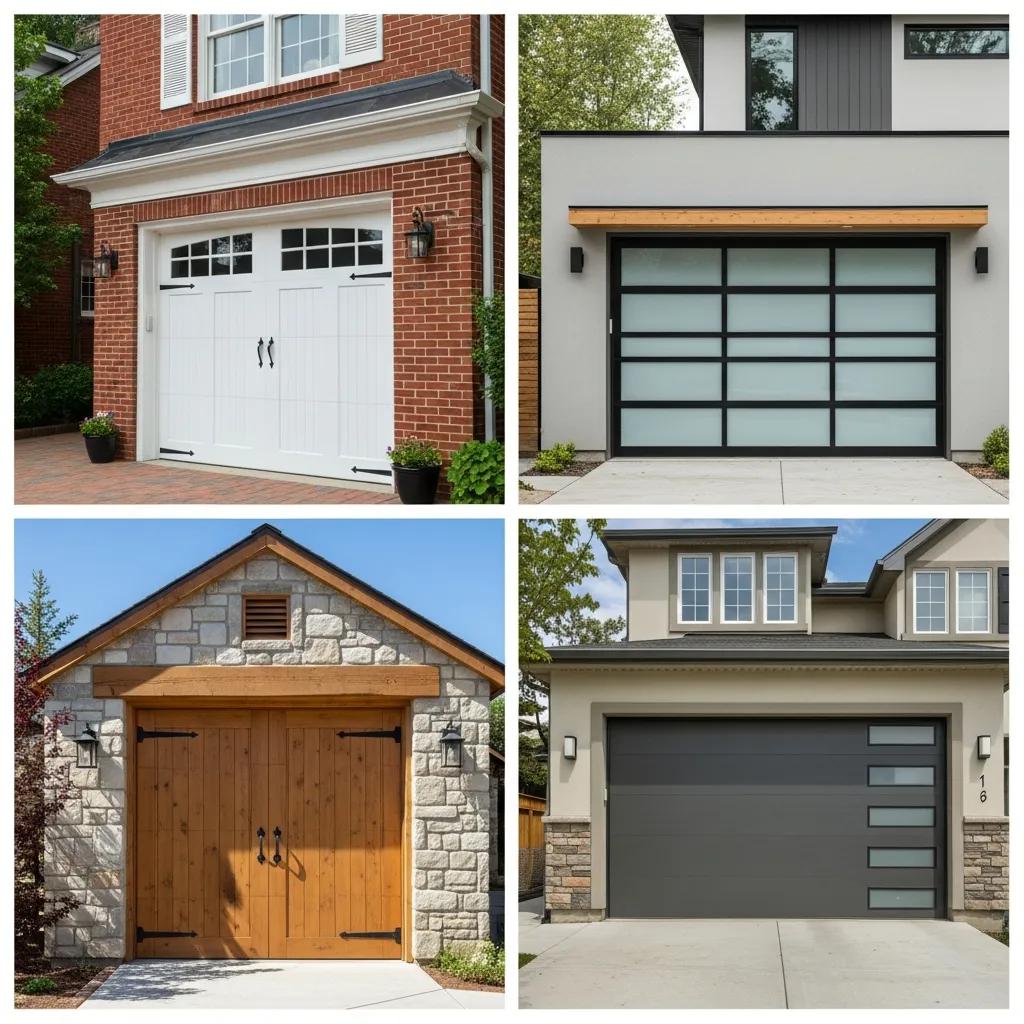 Variety of popular garage door styles displayed in residential settings