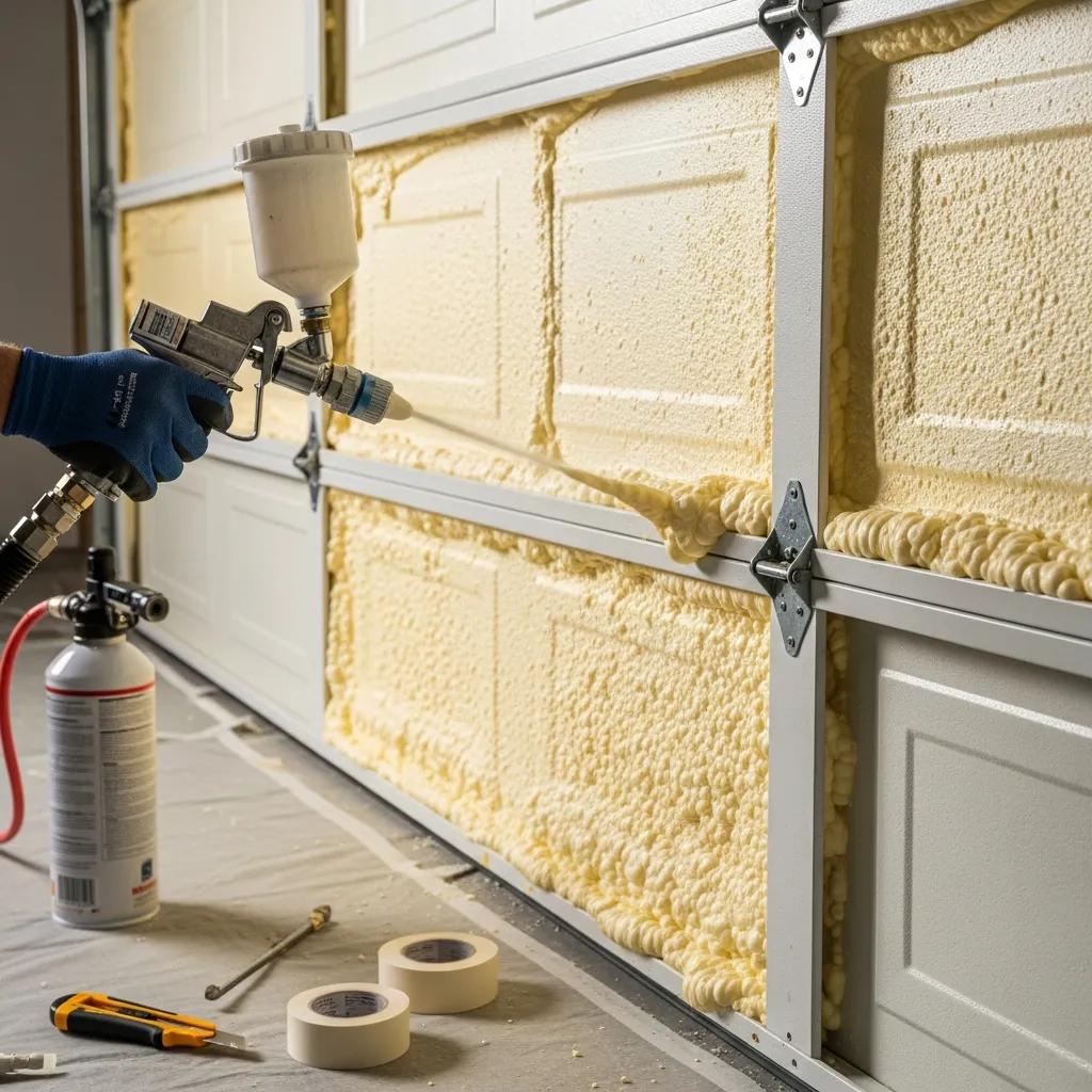 Close-up of polyurethane foam insulation being applied to a garage door, showcasing its texture and installation process