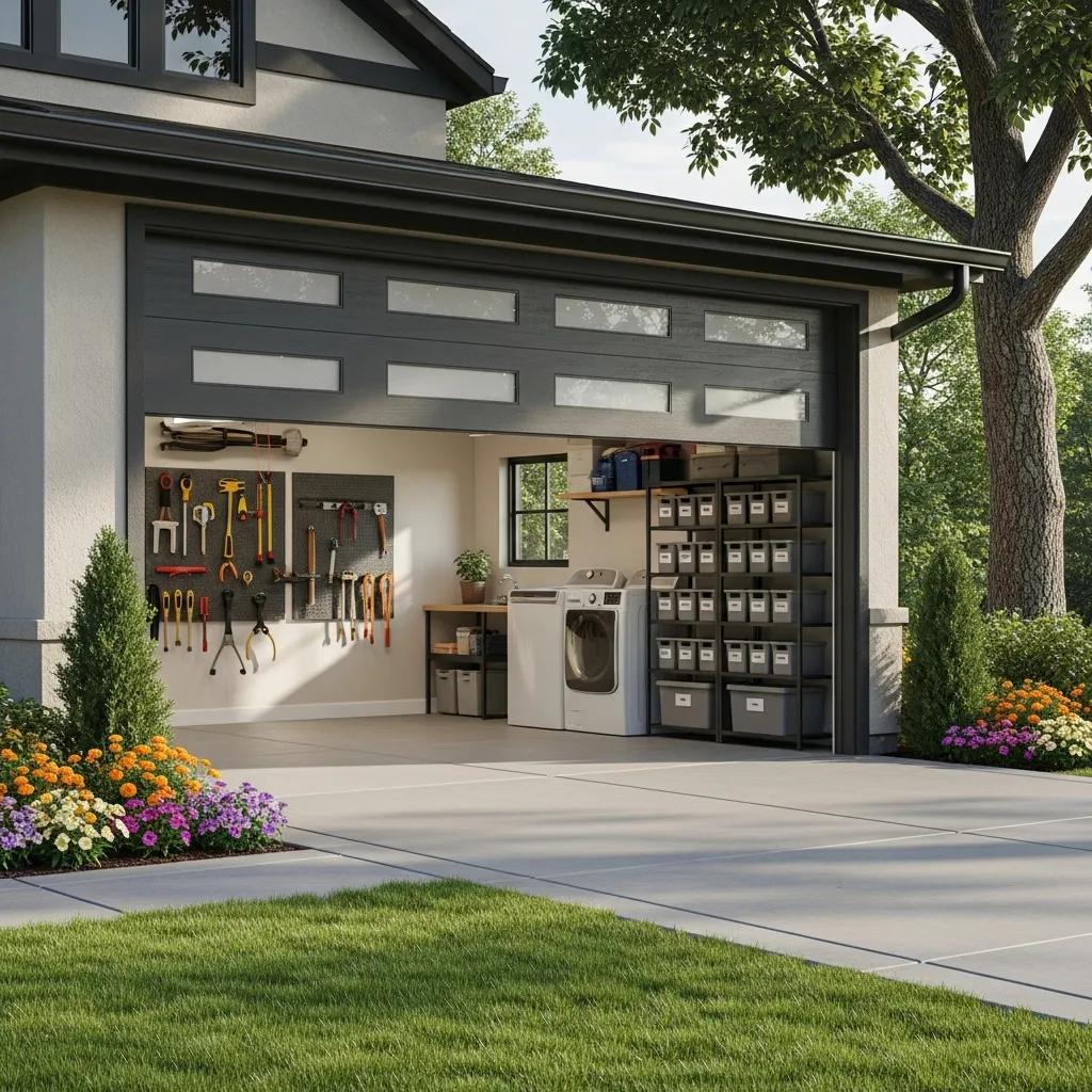 Modern insulated garage door in a residential setting, highlighting energy efficiency and design
