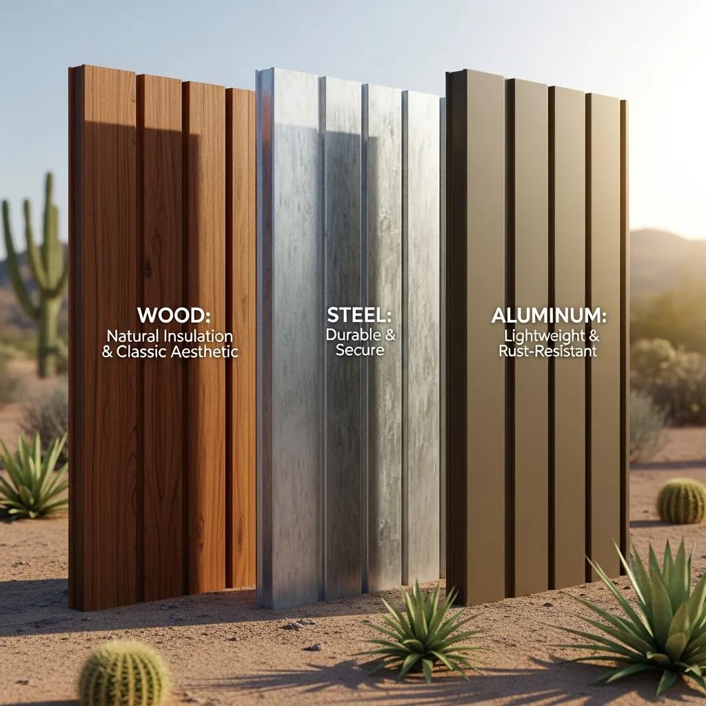 Samples of wood, steel, and aluminum garage door materials suitable for desert climates
