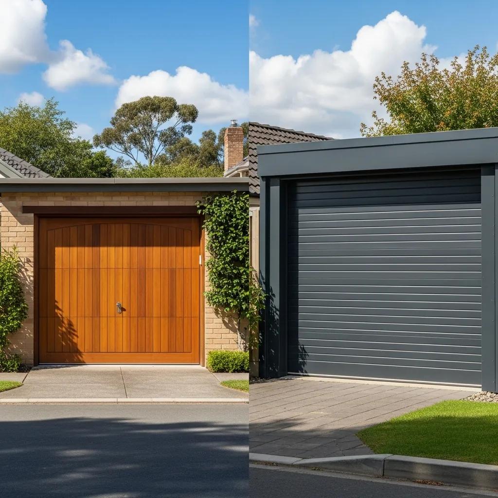 Traditional wooden garage door and modern steel garage door in a suburban setting